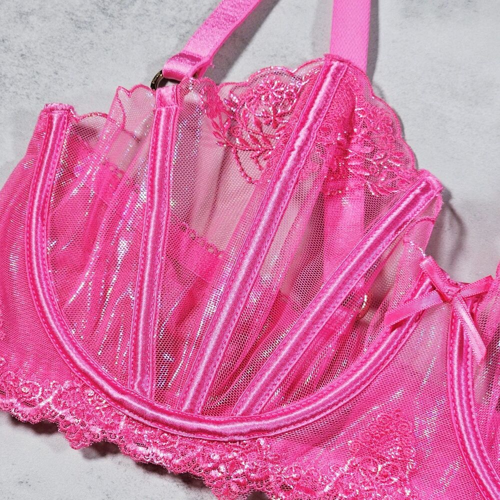Honey Birdette Natalie Pink Sheer Embroidered Balconette Bra Size 38DD - Picture 6 of 11